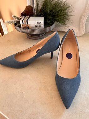Marc Fisher Denim-Textured Blue Pointed Kitten Heels